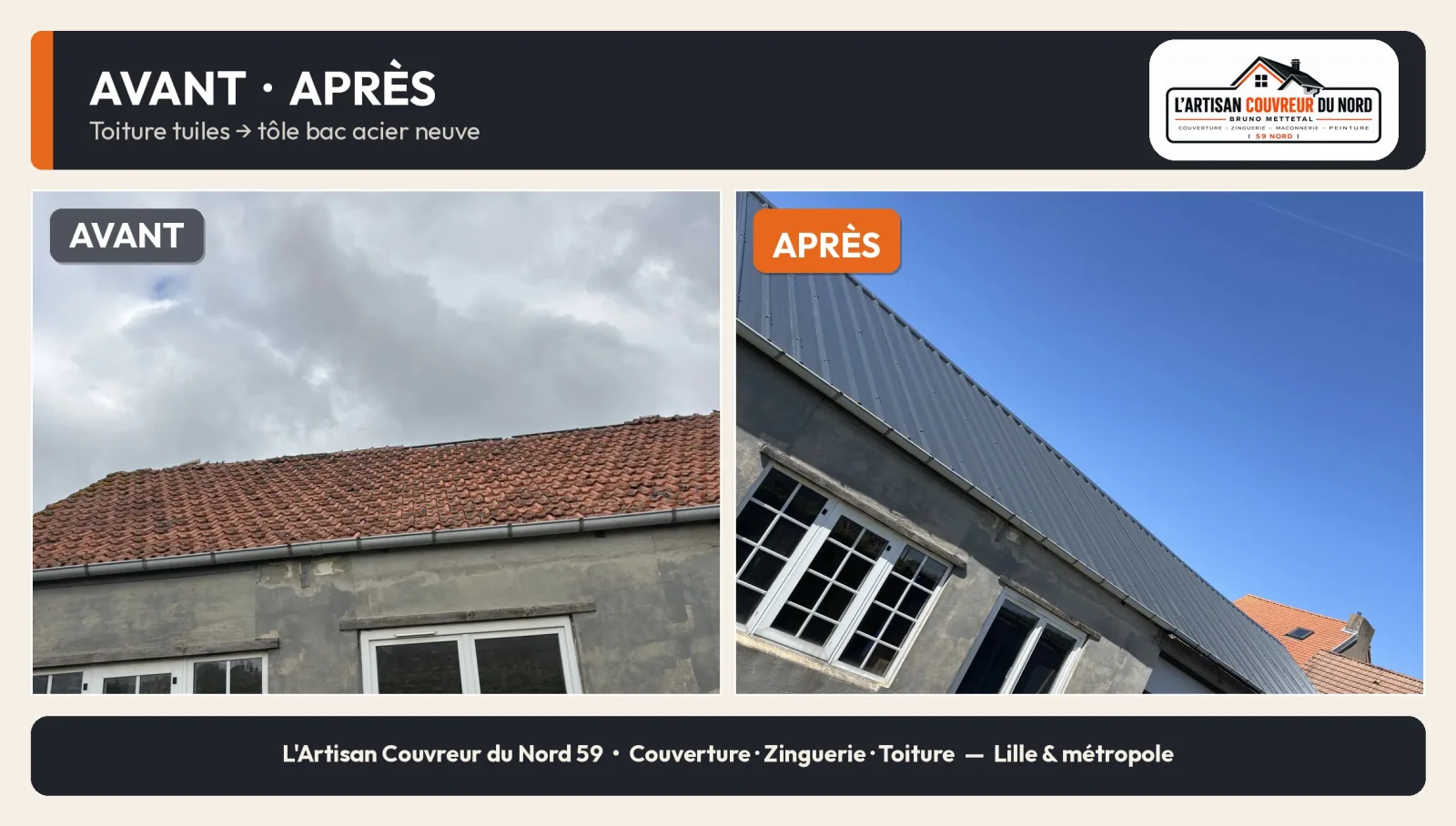 Remplacement d'une toiture tuiles par du bac acier à Dunkerque — avant / après