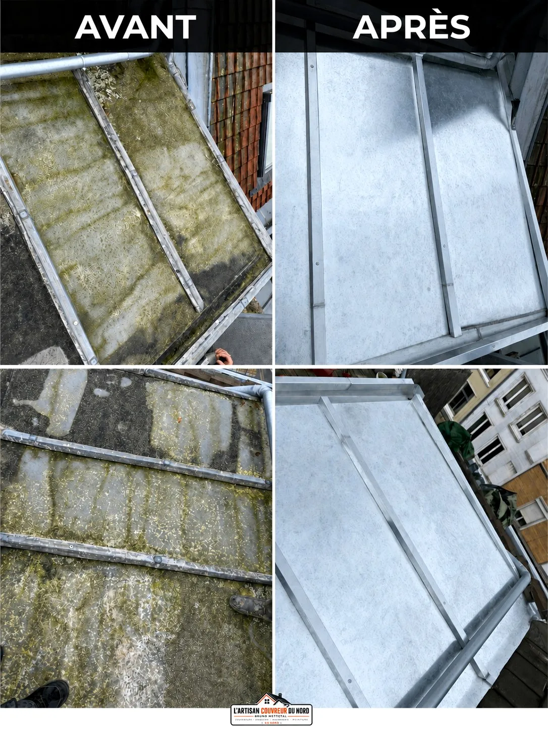 Nettoyage et réfection de toiture-terrasse zinc à Dunkerque — avant / après